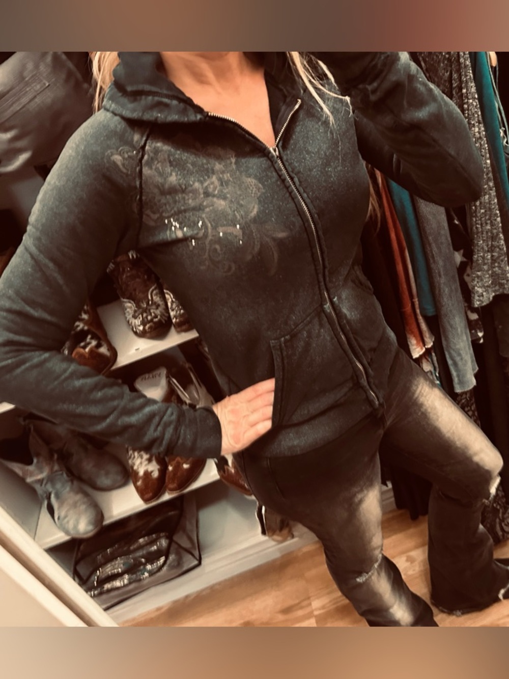 Miss Me Dark Washed Zip-Up Hoodie in Used condition
